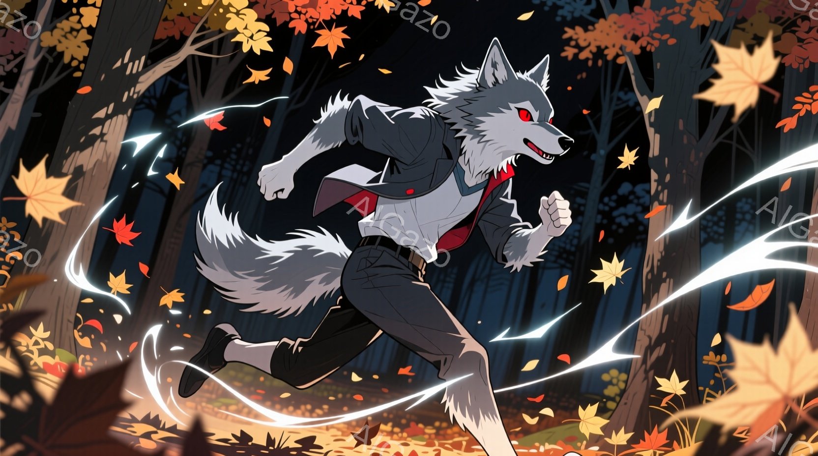 白い毛並みを持つ狼の獣人男性が、黒いスーツ姿で森の中を走っている。彼は片手を前に伸ばし、鋭い眼差しで前を見据え、力強い躍動感に満ちている。背景には赤や黄色の紅葉が舞い、秋の森の鮮やかな色彩と、獣人の疾走する姿が印象的な一枚である。