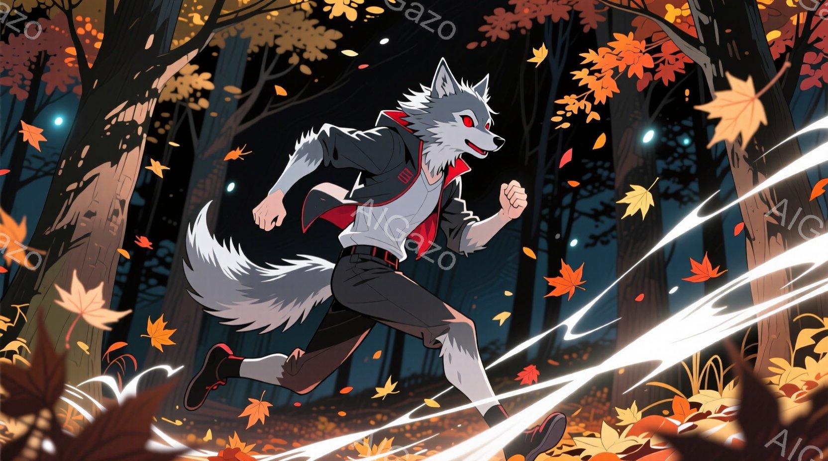 灰色の毛並みを持つ獣人が、秋の森の中を躍動的に走り出している。紺色のブレザーに白いシャツ、赤いネクタイという制服姿で、黒い運動靴を履いている。背景には、赤や黄色の紅葉が舞い散る木々が立ち並び、スピード感を表す光の線が彼の周りを駆け巡っている。