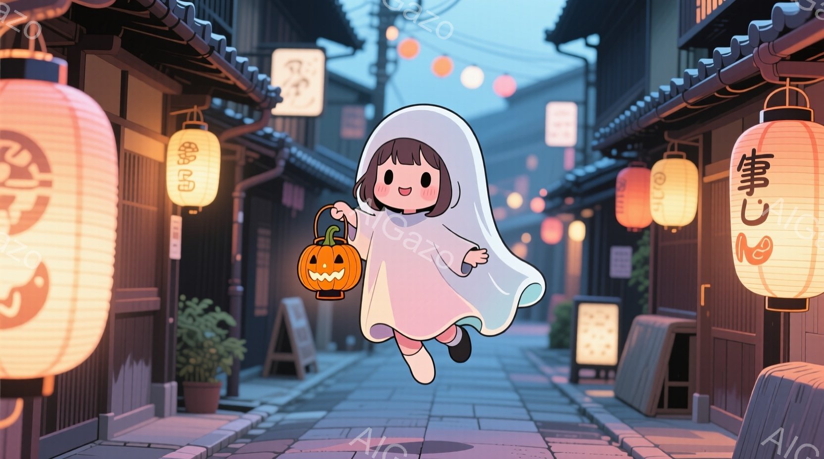 白い幽霊の衣装を着た幼い少女が、カボチャのランタンを持って、石畳の道の上を浮遊している。背景には、伝統的な日本の町並みが広がり、提灯が灯り、暖かく幻想的な雰囲気を醸し出している。建物は木造で、植物も点在し、穏やかな秋の夕暮れのような様子が描かれている。