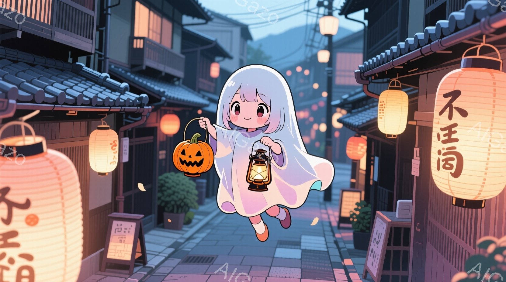 古い町並みを背景に、おばけの衣装を着た少女が描かれています。彼女は笑顔で飛び跳ね、カボチャのランタンと提灯を持っています。背景には伝統的な日本家屋が並び、提灯が灯り、薄暗い夕暮れ時の静かで幻想的な雰囲 - AI生成フリー素材