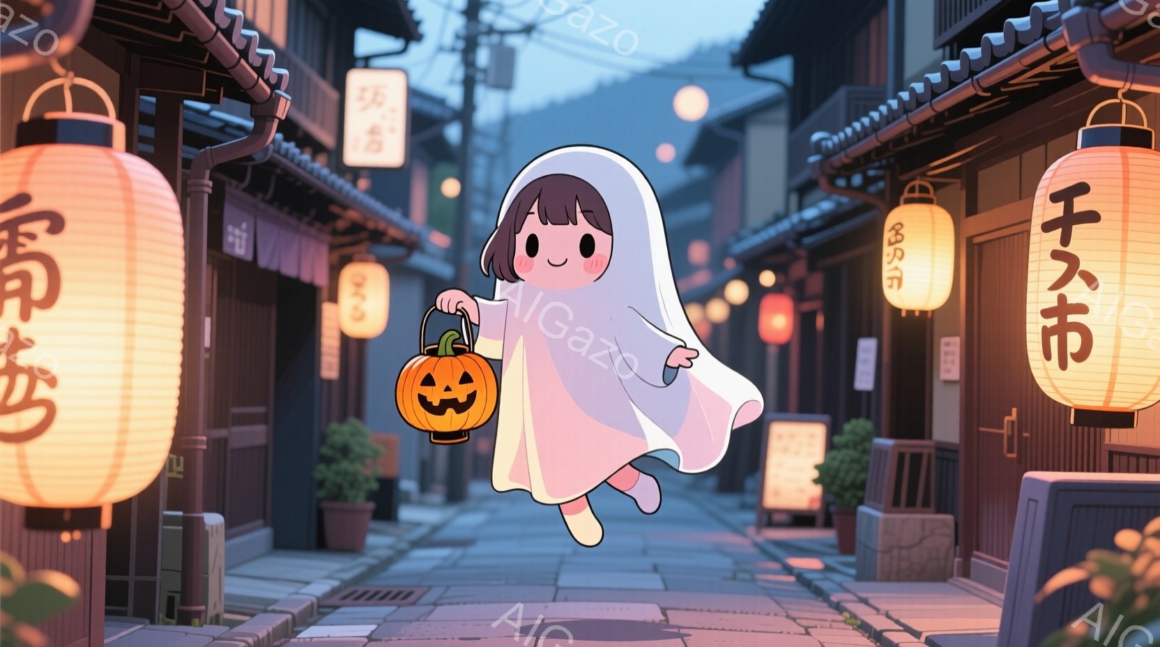 ハロウィーンの仮装をした少女が描かれています。彼女は白い布で幽霊のように覆われ、オレンジ色のジャック・オ・ランタンのバケツを持っています。背景は、提灯が飾られた古い街並みで、遠くには山々が見え、薄暗い夕暮れ時の穏やかで幻想的な雰囲気を醸し出しています。