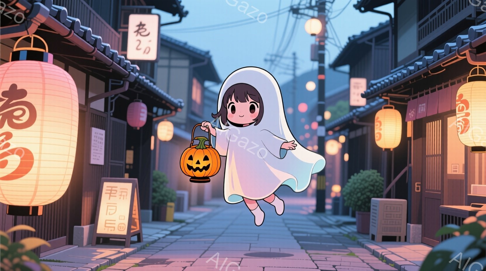 お化けの衣装を着た少女が描かれています。彼女は短い茶色の髪で、頬を赤らめて微笑んでいます。背景は古い町並みで、提灯が灯り、夜の静かな雰囲気が漂っています。