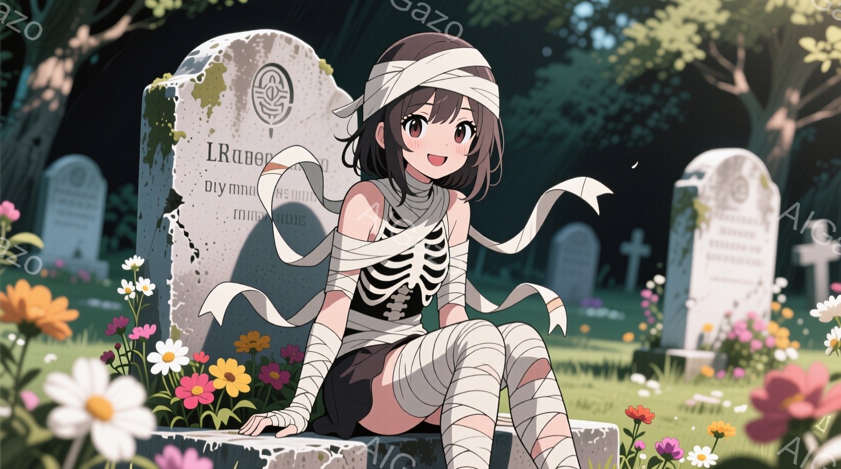 若い女性が墓地の石碑に座って微笑んでいます。彼女はハロウィーン風の衣装を着ており、白と黒のストライプのトップスに、包帯のような布で体を飾り付けています。背景には様々な墓石や緑豊かな植物が見え、明るい日差しが差し込んでおり、どこかユーモラスで穏やかな雰囲気です。