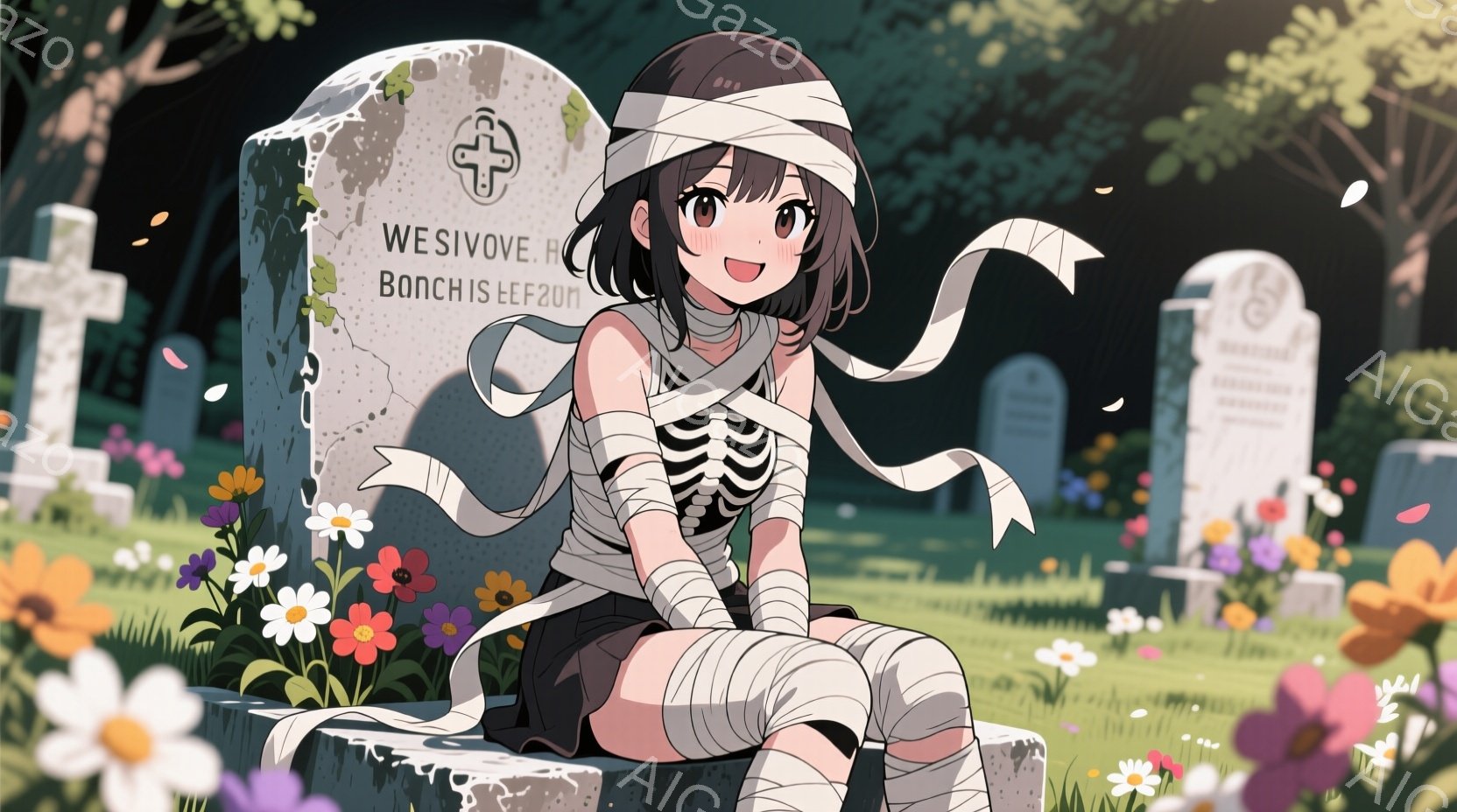 少女は墓石の上に座り、包帯でミイラのようになっているが、笑顔で楽しそうにしている。彼女は短髪で、包帯で頭を覆っており、白いシャツとショーツを着用している。背景には緑豊かな草地、カラフルな花、そして他の墓石が並び、穏やかで少し奇妙な雰囲気が漂っている。