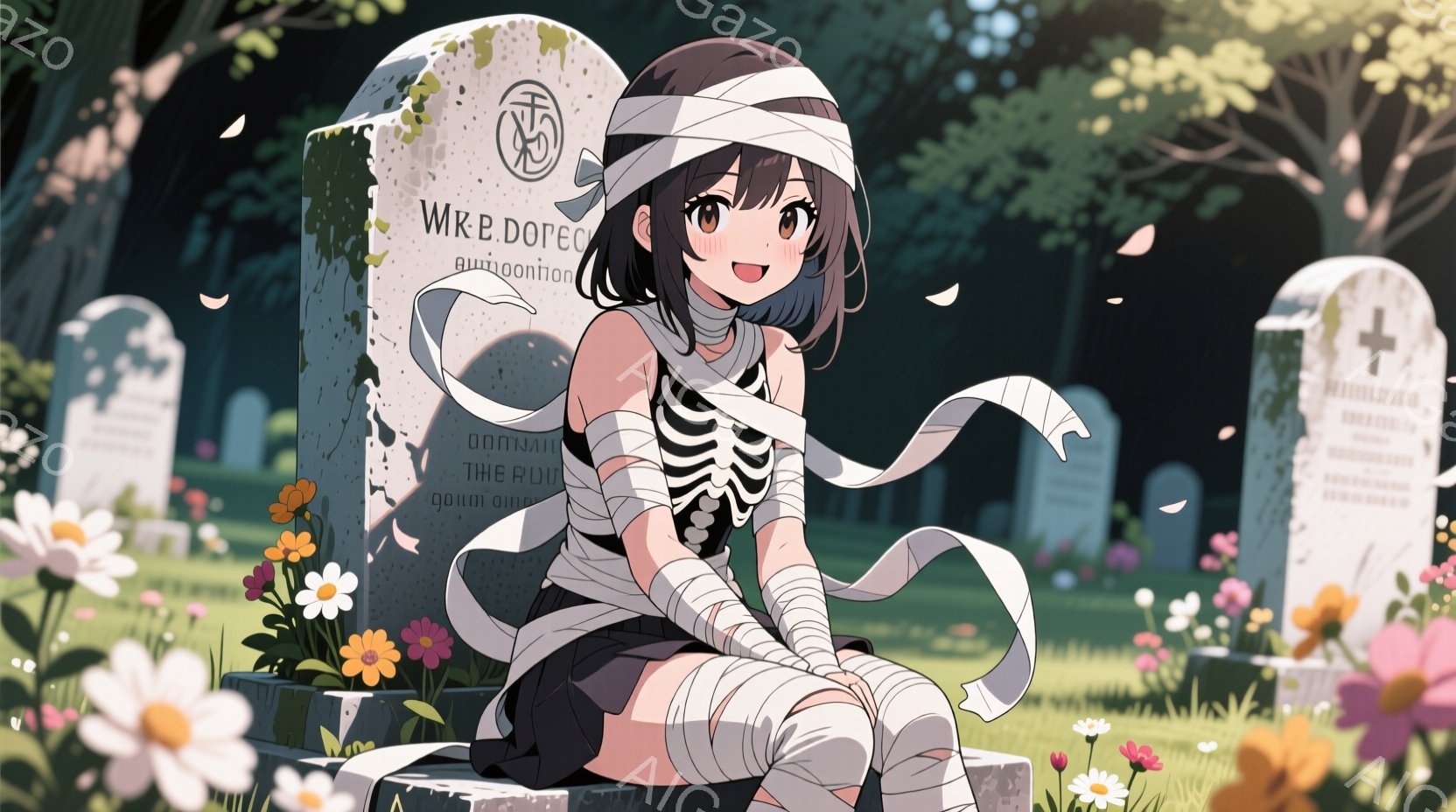 短い茶色の髪の少女が墓石に座り、ミイラの衣装を着ています。彼女は大きな目で微笑み、リボンで結ばれた包帯で頭を飾り、腕と脚にも包帯を巻いています。背景には緑の草、花、そして様々な墓石が並び、晴れた日の穏やかな墓地の雰囲気が漂っています。