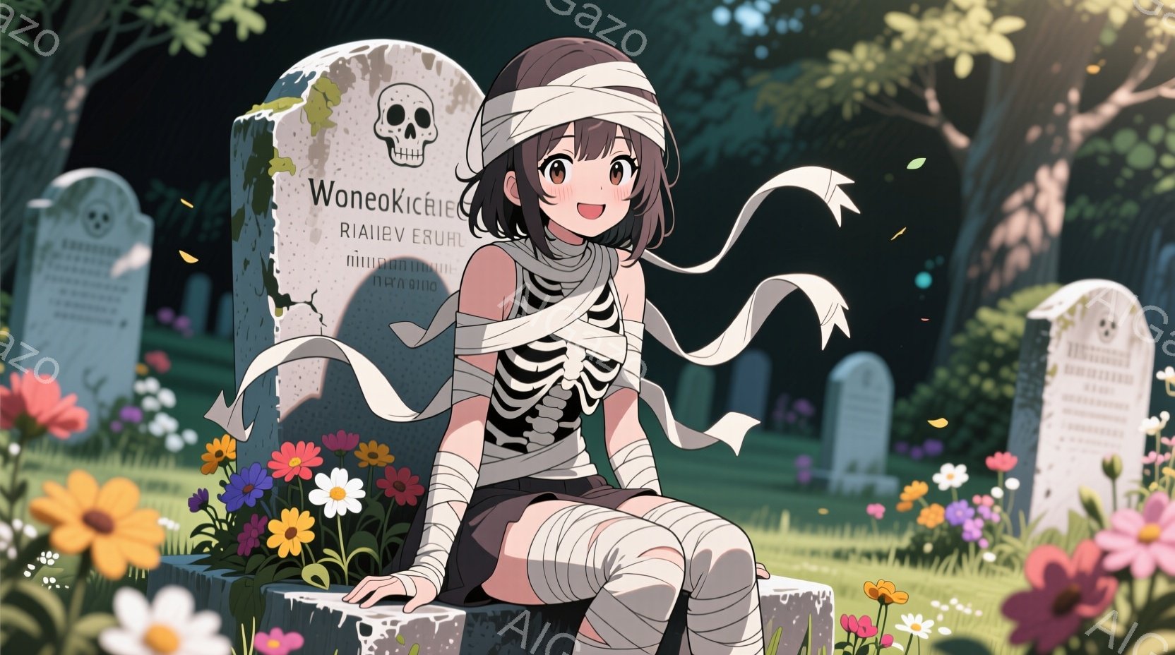 明るい緑色の背景に、ミイラのような衣装を着た若い女性が描かれています。彼女は膝を抱え、墓石に座っており、ハロウィーン風の仮装をしています。周囲には花が咲き乱れ、明るく少し不気味な雰囲気を醸し出しています。