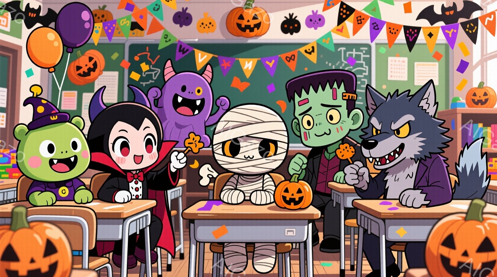 ハロウィーンの装飾がされた教室に、様々なモンスターのキャラクターたちが集まっています。吸血鬼、ミイラ、フランケンシュタイン、狼男、そしてカボチャのキャラクターは、それぞれハロウィーンの衣装を着て、楽しそうにポーズをとっています。教室には、机や椅子が並び、背景にはハロウィーンの飾り付けがされており、お祭り気分を盛り上げています。