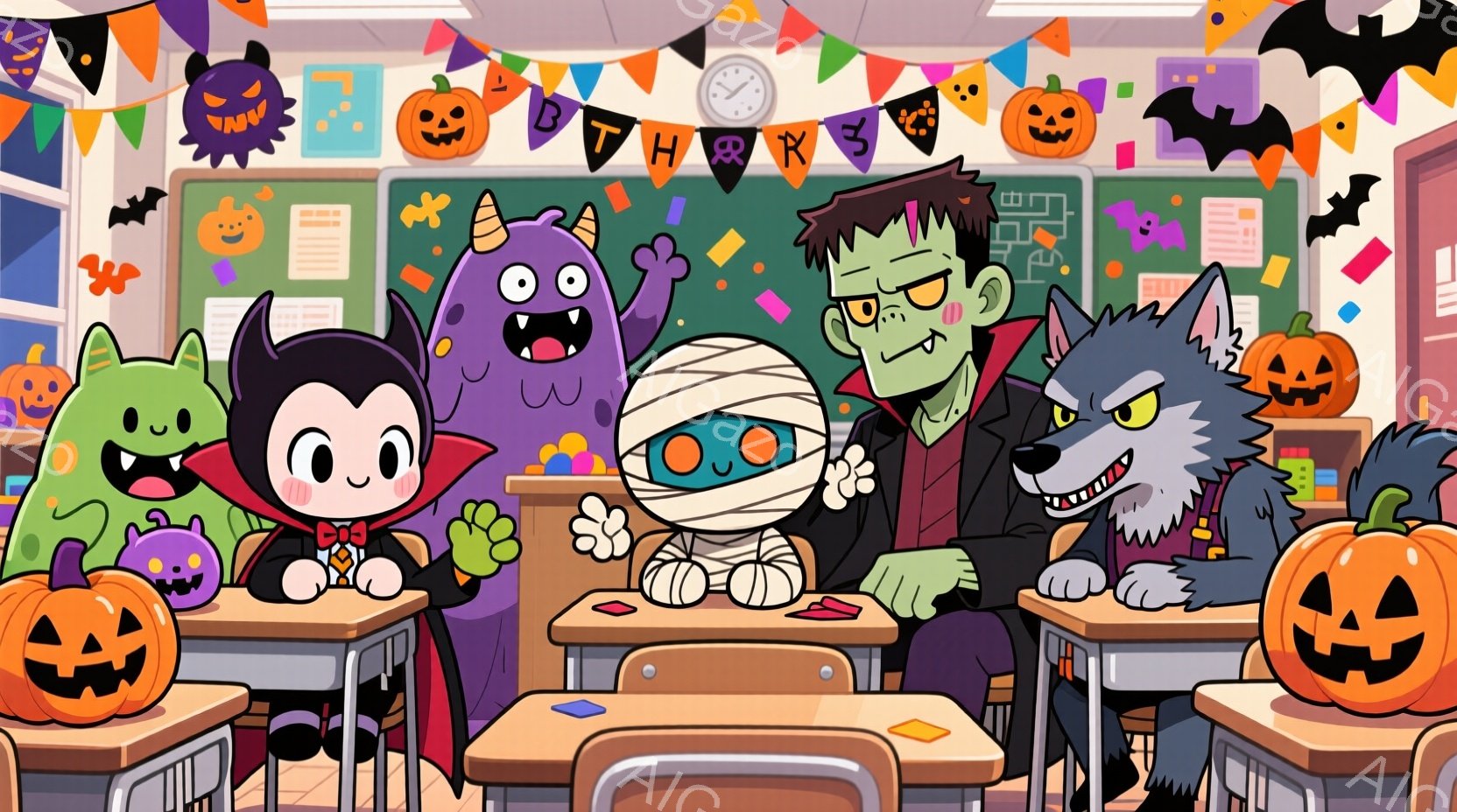 ハロウィーンの教室を舞台に、モンスターたちが集まって楽しんでいます。吸血鬼、フランケンシュタイン、ミイラ、狼男、そして小さな緑色のモンスターが、それぞれ特徴的な衣装を身につけ、机の周りに座っています。背景には、カボチャのランタンやハロウィーンの飾り付けが施され、明るくお祭り気分な雰囲気が漂っています。