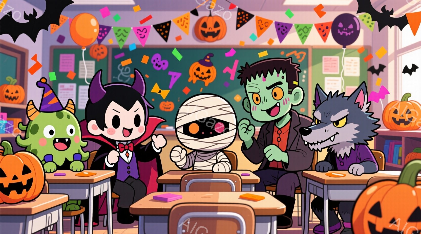 ハロウィーンの教室を舞台に、モンスターの子供たちが集まっています。吸血鬼の男の子は赤いマントと蝶ネクタイを身につけ、明るい笑顔を浮かべています。背景には、カボチャのランタンやハロウィーンの装飾が飾られた教室があり、お祭り気分で賑やかです。