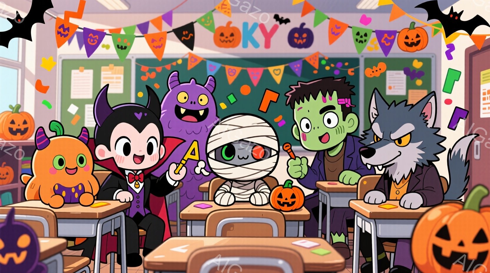 ハロウィーンの教室に、様々なモンスターたちが集まって座っています。吸血鬼、ミイラ、フランケンシュタイン、狼男、そしてカボチャのキャラクターが、机に座ったり、立ったりして、楽しそうな雰囲気です。教室はハロウィーンの飾り付けでいっぱいになり、背景には黒板と机が並び、お祭り気分を盛り上げています。