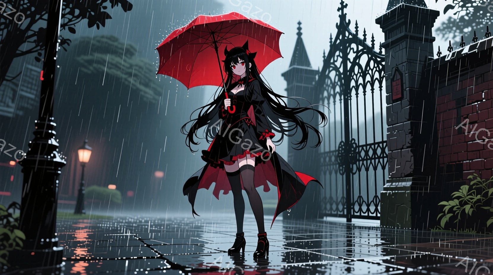長い黒髪と赤いリボンが特徴的な少女が、雨の中、赤い傘を差して立っている。彼女は黒いフリル付きのドレスと太もも丈の靴下を履いており、少し憂いを帯びた表情をしている。背景には、ゴシック様式の建物と雨に濡れた石畳の道、そして霧の中に消える緑豊かな木々が描かれており、全体的に陰鬱で幻想的な雰囲気を醸し出している。