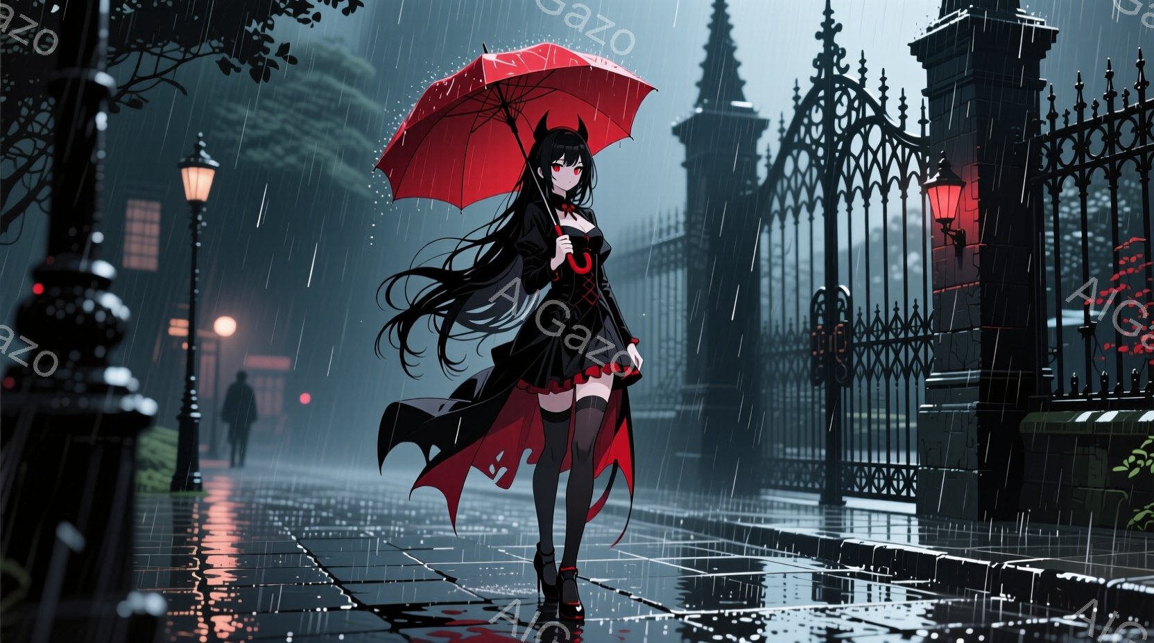 黒いドレスと太もも丈の靴下を身に着けた少女が、赤い傘を差して石畳の道を歩いている。彼女は長い黒髪を持ち、前を向いて少し上目遣いをしており、どこか挑戦的な表情をしている。背景には黒い装飾が施された門、霧に包まれた建物、そして激しい雨が降り注ぐ夜の風景が広がっており、全体的にゴシックで幻想的な雰囲気を醸し出している。