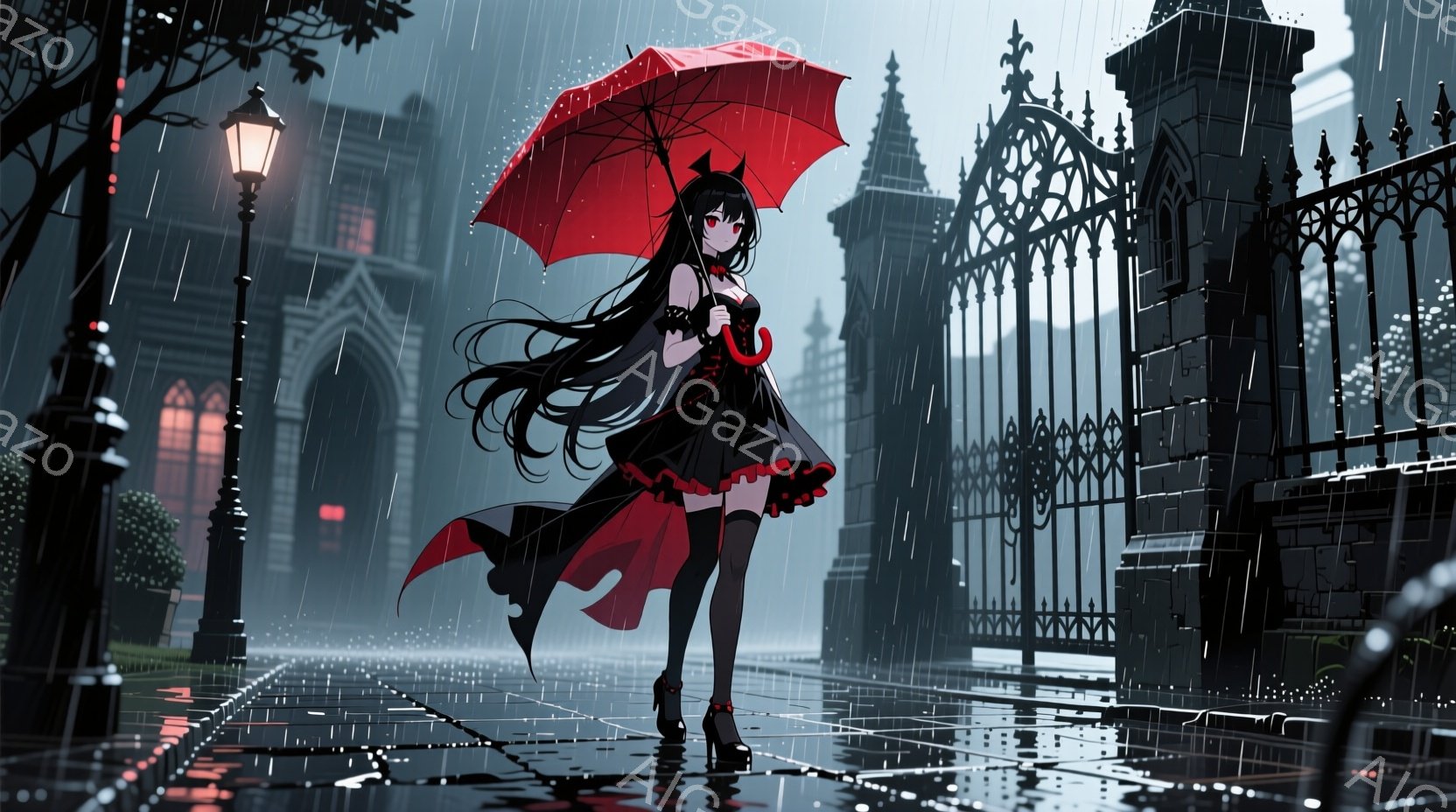 長い黒髪の少女が、赤いフリルのついた黒いドレスとプラットフォームブーツを身に着けて、雨の中を歩いている。彼女は赤い傘をさし、少し横を向いて微笑んでいるように見える。背景にはゴシック様式の建物と鉄柵、そして降り注ぐ雨があり、全体的に幻想的で少し物悲しい雰囲気を醸し出している。
