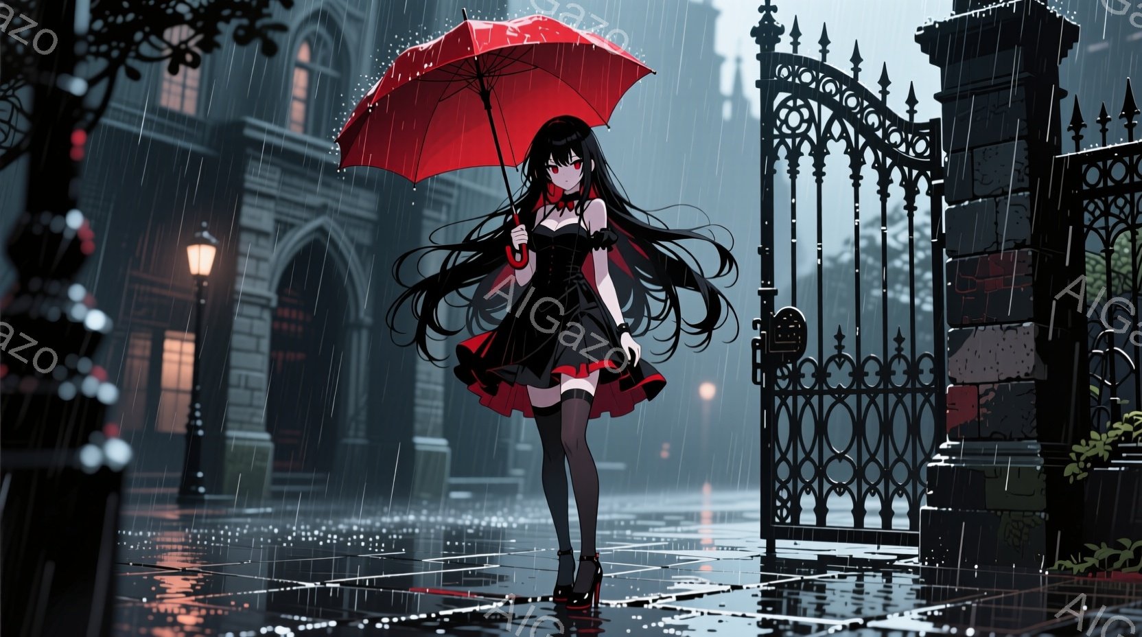 長い黒髪をなびかせ、赤いドレスと黒いブーツを身につけた少女が雨の中で立っている。彼女は赤い傘を差しており、少しうつむき加減で憂いを帯びた表情をしている。背景には、重厚な石造りの建物と鉄製の門があり、雨 - AI生成フリー素材