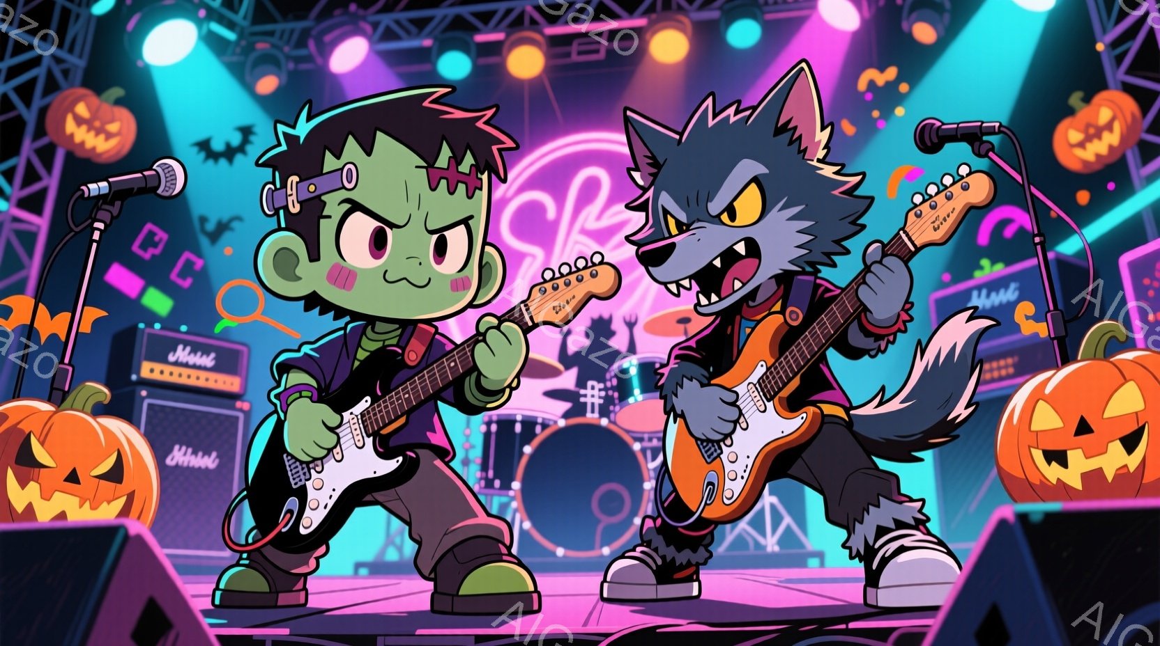 フランケンシュタイン風の少年と狼男風のキャラクターが、ステージ上でエレクトリックギターを演奏している様子が描かれている。二人は黒いTシャツとジーンズ姿で、エネルギーに満ちた表情で演奏に集中しており、ステージ上にはハロウィーンを象徴するカボチャやライトが配置されている。背景は紫とピンクのグラデーションで、ロックコンサートのような雰囲気で活気に満ちている。