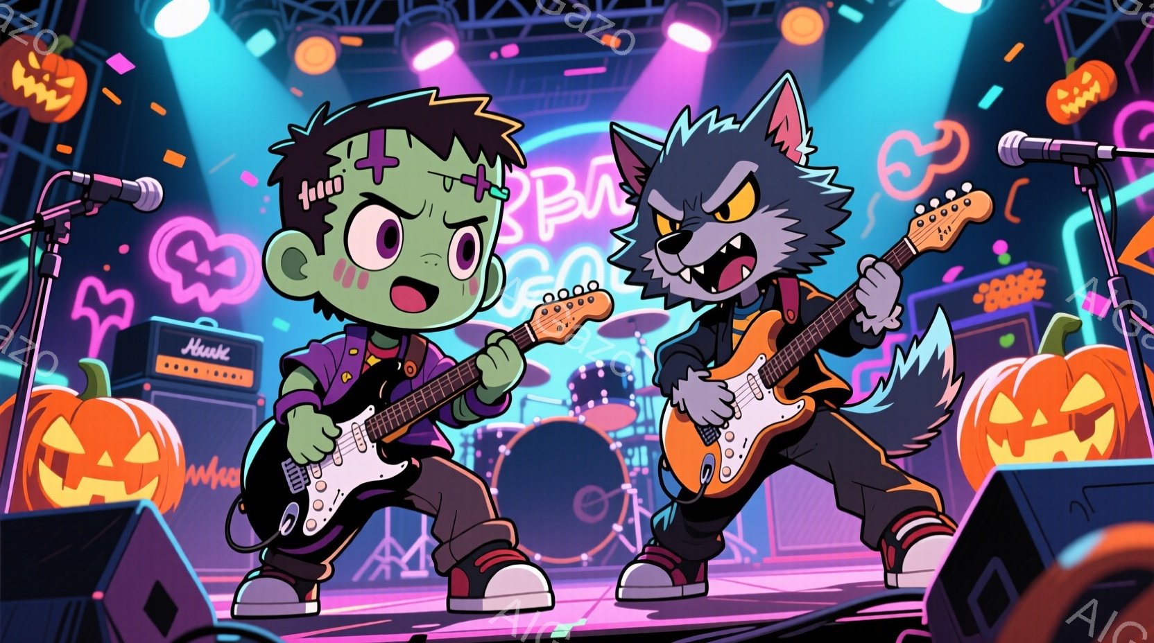 ハロウィーンをテーマにしたバンドのイラストで、ゾンビと狼男のキャラクターがギターを演奏しています。ゾンビは緑色の肌に黒い髪、赤いオーバーオールとスニーカーを着用し、興奮した表情でギターをかき鳴らしています。背景にはハロウィーンの装飾、スピーカー、照明があり、全体的にエネルギッシュで楽しい雰囲気が漂っています。