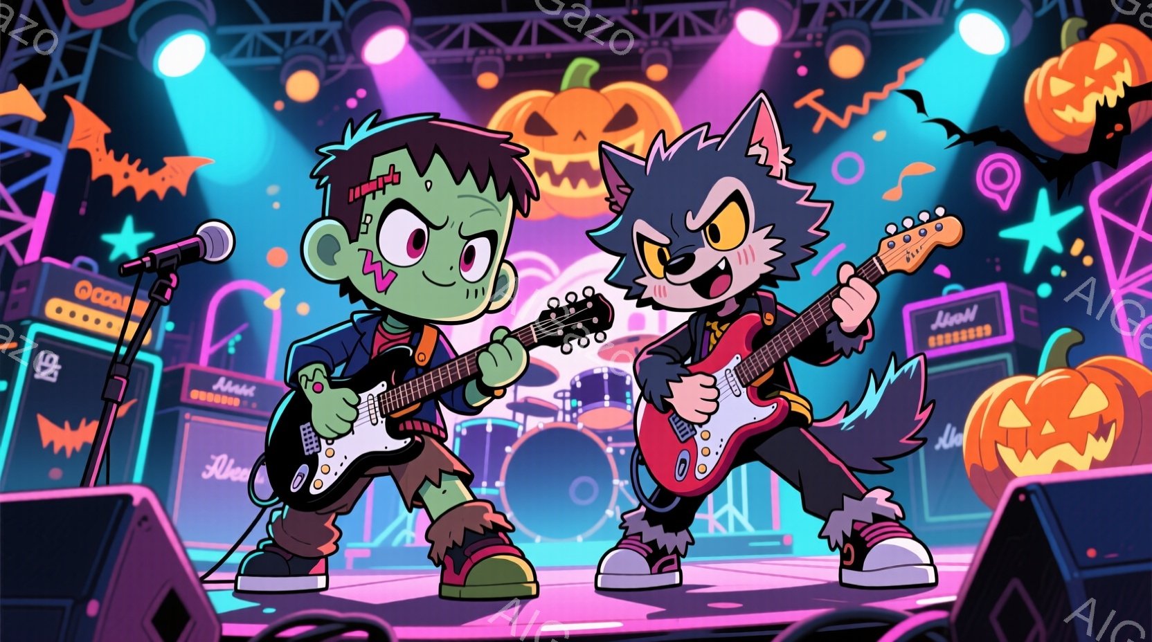 ゾンビと狼男がステージ上でギターを演奏しているイラストです。ゾンビは緑色の肌で、ボロボロの服を着ており、狼男は黒い毛並みで赤いベストを着ています。背景には、ハロウィーンを象徴するカボチャやスピーカー、 - AI生成フリー素材