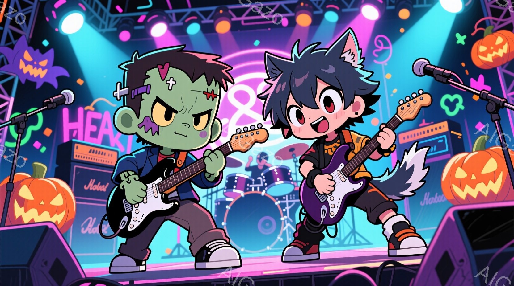 ハロウィーンをテーマにしたバンドのイラストです。ゾンビ風の緑色の髪の少年と、猫耳の黒髪の少年が、それぞれギターを弾きながらステージで演奏しています。背景には、ハロウィーンの装飾が施されたスピーカーや、 - AI生成フリー素材