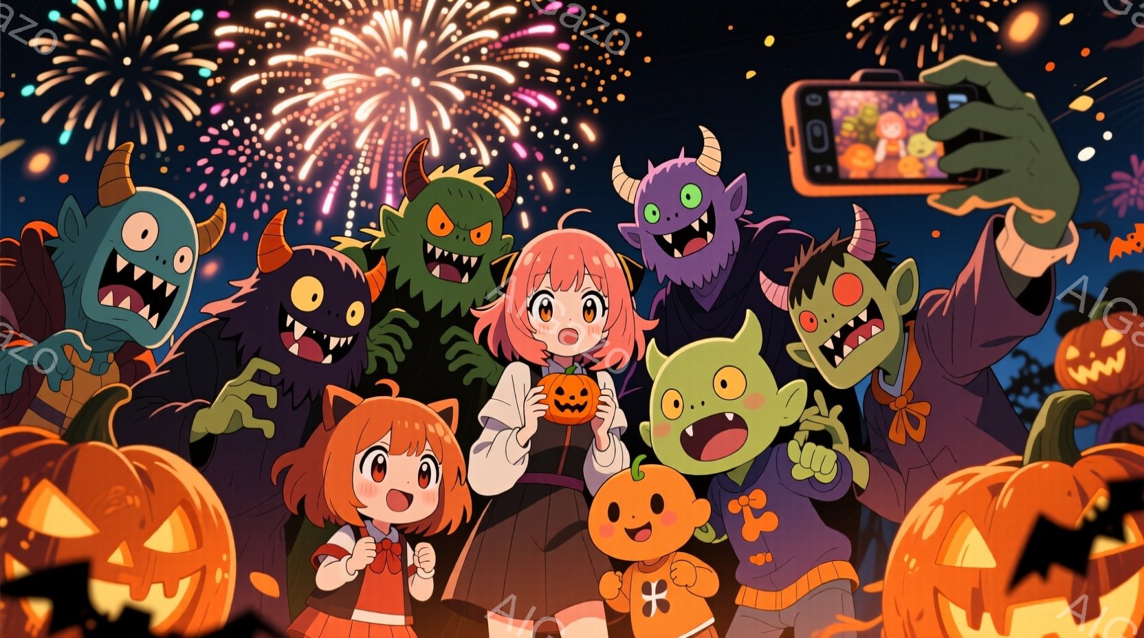 オレンジ色の髪をリボンで結んだ少女が、ハロウィーンの仮装をした怪物たちに囲まれて笑顔で立っています。彼女はカボチャの形をしたバッグを持っており、怪物たちは様々な表情で彼女を取り囲み、片方の怪物はスマー - AI生成フリー素材