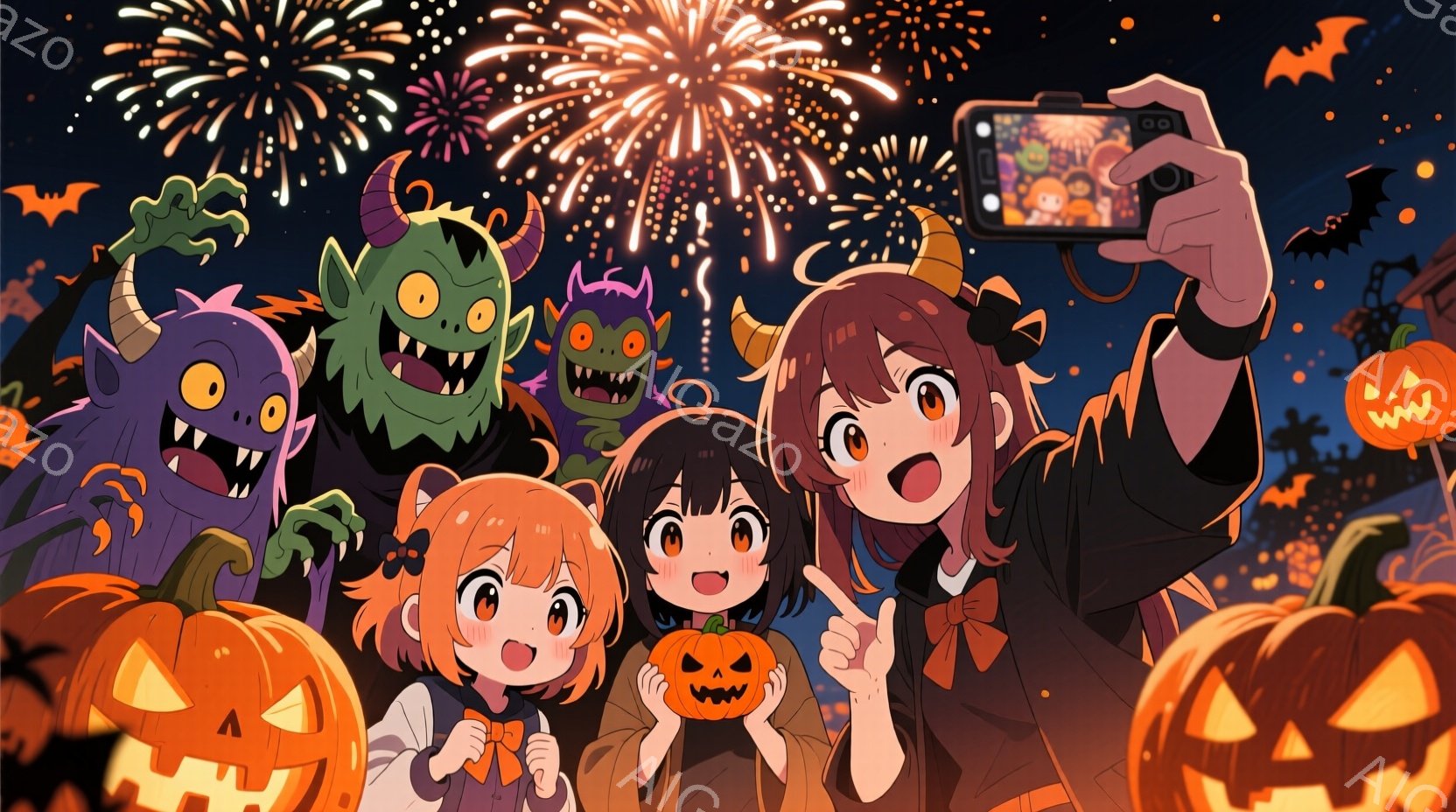 ハロウィーンの夜、数人の子供たちがモンスターやカボチャに囲まれて楽しんでいます。赤い髪の女の子は黒いワンピースにリボンと角のヘアアクセサリーをつけ、片手にスマートフォンを持って自撮りをしています。背景にはオレンジ色のジャックオーランタンや、緑色のモンスター、そして夜空に打ち上げられる花火があり、お祝いムードが漂っています。