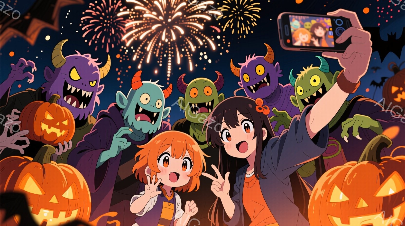 オレンジ色の髪の女の子と茶色の髪の女の子を中心に、ハロウィーンのモンスターたちが取り囲んでいます。オレンジ色の髪の女の子は紫色のジャケットとオレンジ色のシャツを着て、指でVサインを作って笑顔を見せています。背景には、ジャック・オー・ランタンやシルエットの建物が並び、夜空には花火が打ち上げられ、賑やかで楽しいハロウィーンの雰囲気を醸し出しています。