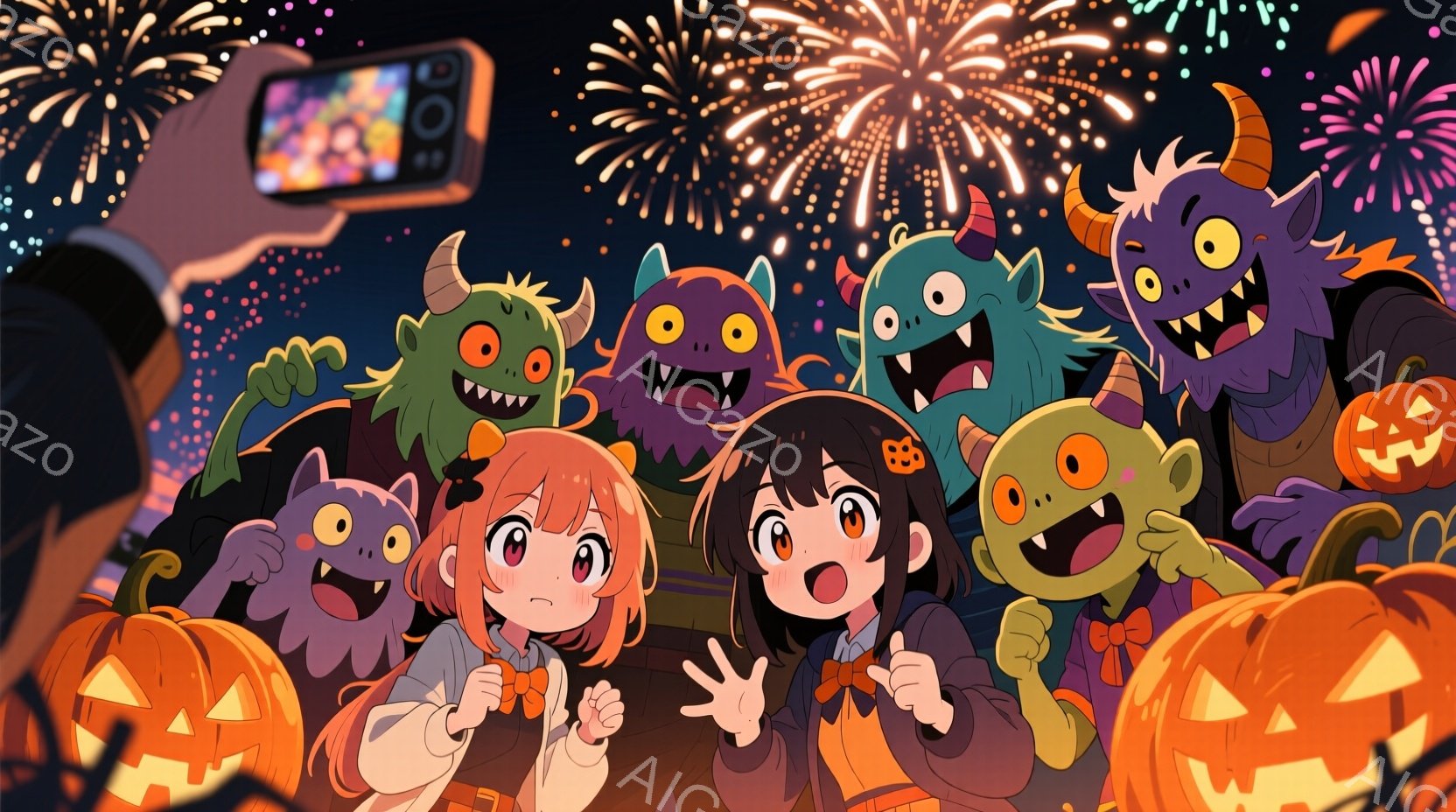 二人の若い女性は、ハロウィーンの仮装をしたモンスターに囲まれ、楽しそうにポーズをとっています。彼女たちはオレンジと紫の大きなリボンをつけた黒い制服のような服装で、明るい笑顔を見せています。背景には、明るく輝くジャック・オー・ランタンや、夜空に打ち上げられる花火が描かれており、お祭り騒ぎの雰囲気を感じさせます。