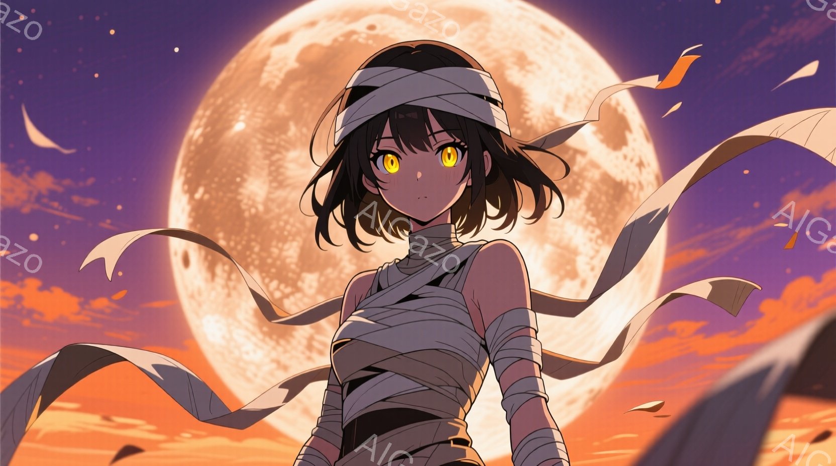 明るいオレンジ色の背景に、包帯で腕や胴体を覆った少女が描かれています。彼女は黒髪のボブヘアで、目は金色。姿勢はやや上向きで、オレンジ色のリボンが風に吹かれて舞い上がっています。