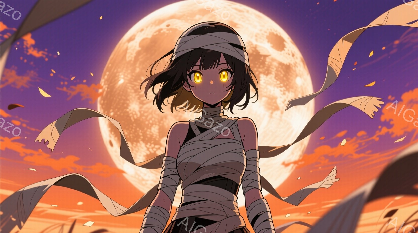 暗い髪の少女が、包帯のような布で腕と頭を覆っている。彼女はまっすぐ立っており、少し上目遣いで強い意志を感じさせる表情をしている。背景には、燃えるような夕焼け空と大きく明るい満月があり、少女の姿を強調し、神秘的で力強い雰囲気を醸し出している。
