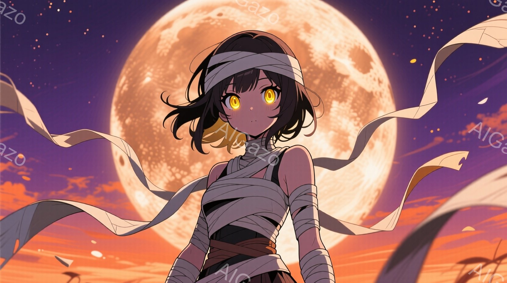 茶色の巻き毛の髪にオレンジ色の瞳を持つ若い女性が描かれています。彼女は白い布で腕と足を包み、茶色のコルセットのような衣装を身につけています。背景には大きく輝く満月と、風に揺れる白いリボンが描かれており、幻想的で神秘的な雰囲気を醸し出しています。