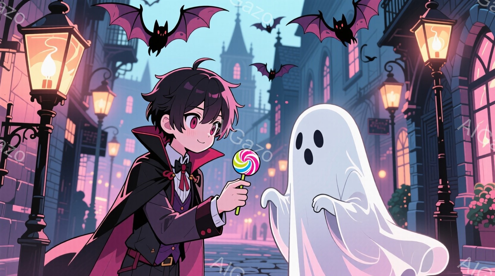 暗い街並みを背景に、吸血鬼風の少年と幽霊が描かれている。少年は黒い髪で、赤いリボンとスーツを着ており、キャンディを持っている。背景にはゴシック調の建物、街灯、空を飛ぶコウモリが描かれ、ハロウィンのよう - AI生成フリー素材