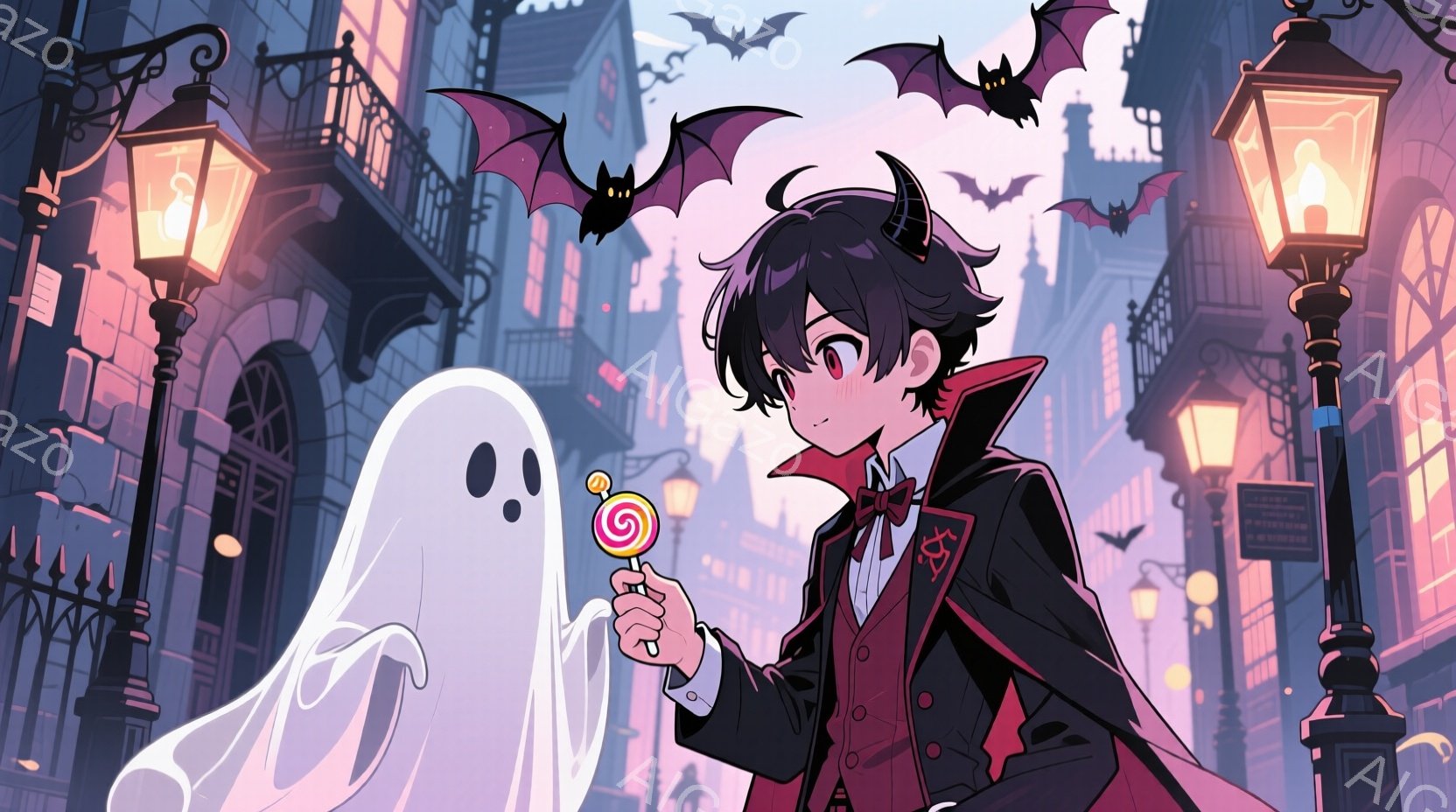 長い黒髪に角を持つ少年が、幽霊にキャンディーを差し出しています。少年は黒を基調とした、赤の装飾が施されたフォーマルな服装で、少し照れたような表情を浮かべています。背景には、ライトアップされた建物と飛ぶコウモリがあり、ハロウィンの夜のような幻想的な雰囲気を醸し出しています。