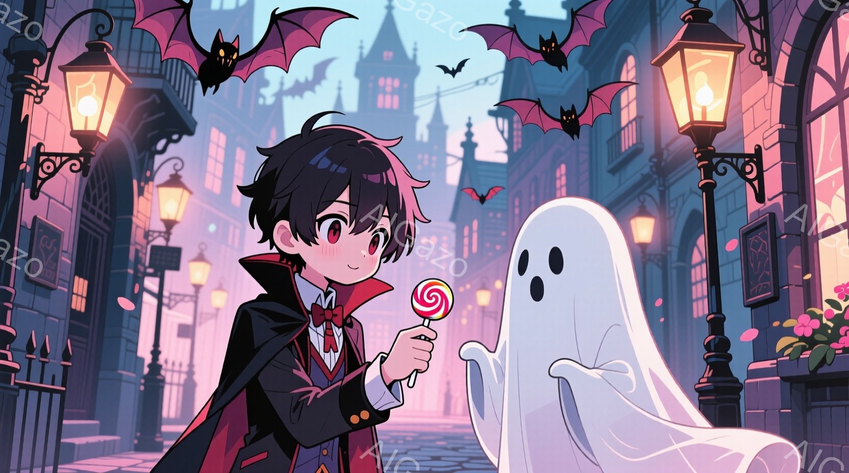 黒髪で少し癖のある髪型をした少年が、吸血鬼風の衣装を身につけています。彼はキャンディを手に持ち、少し照れたような表情で白い幽霊の隣に立っています。背景には、街灯が灯る石畳の道と、ゴシック様式の建物が並 - AI生成フリー素材