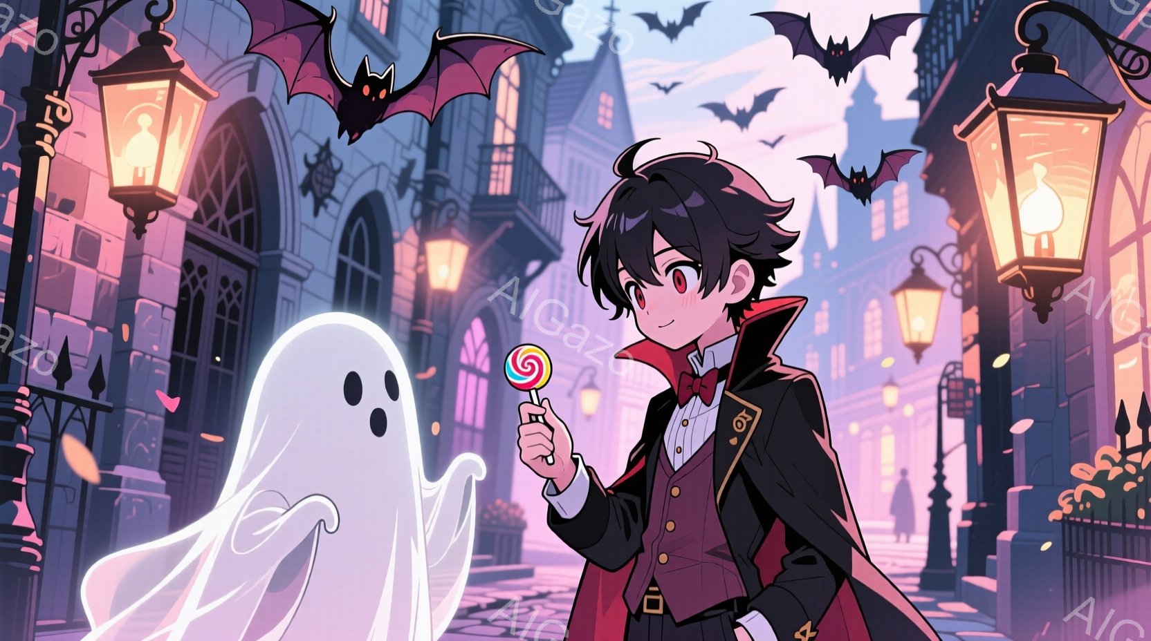 ハロウィーンの夜の街並みを背景に、少年と幽霊を描いています。少年は黒を基調とした衣装に身を包み、赤い蝶ネクタイと金色のボタンがアクセントになっています。幽霊は丸みを帯びた可愛らしい姿で、少年は棒付きキャンディを片手に、優雅にポーズをとっています。