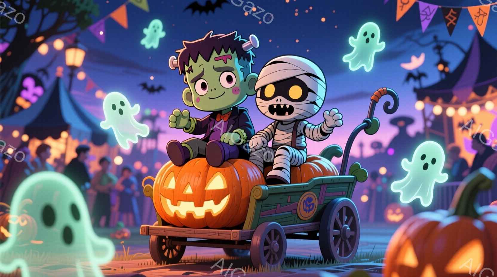 フランケンシュタインのモンスターとミイラのキャラクターが、巨大なカボチャで作られた馬車に乗っています。モンスターは緑色の肌に黒髪、ミイラは包帯で覆われ、両者とも笑顔で楽しそうにしています。背景にはハロウィーンの飾り付け、建物、木々が配置され、夜空には幽霊が舞い、お祭り騒ぎの楽しげな雰囲気が漂っています。