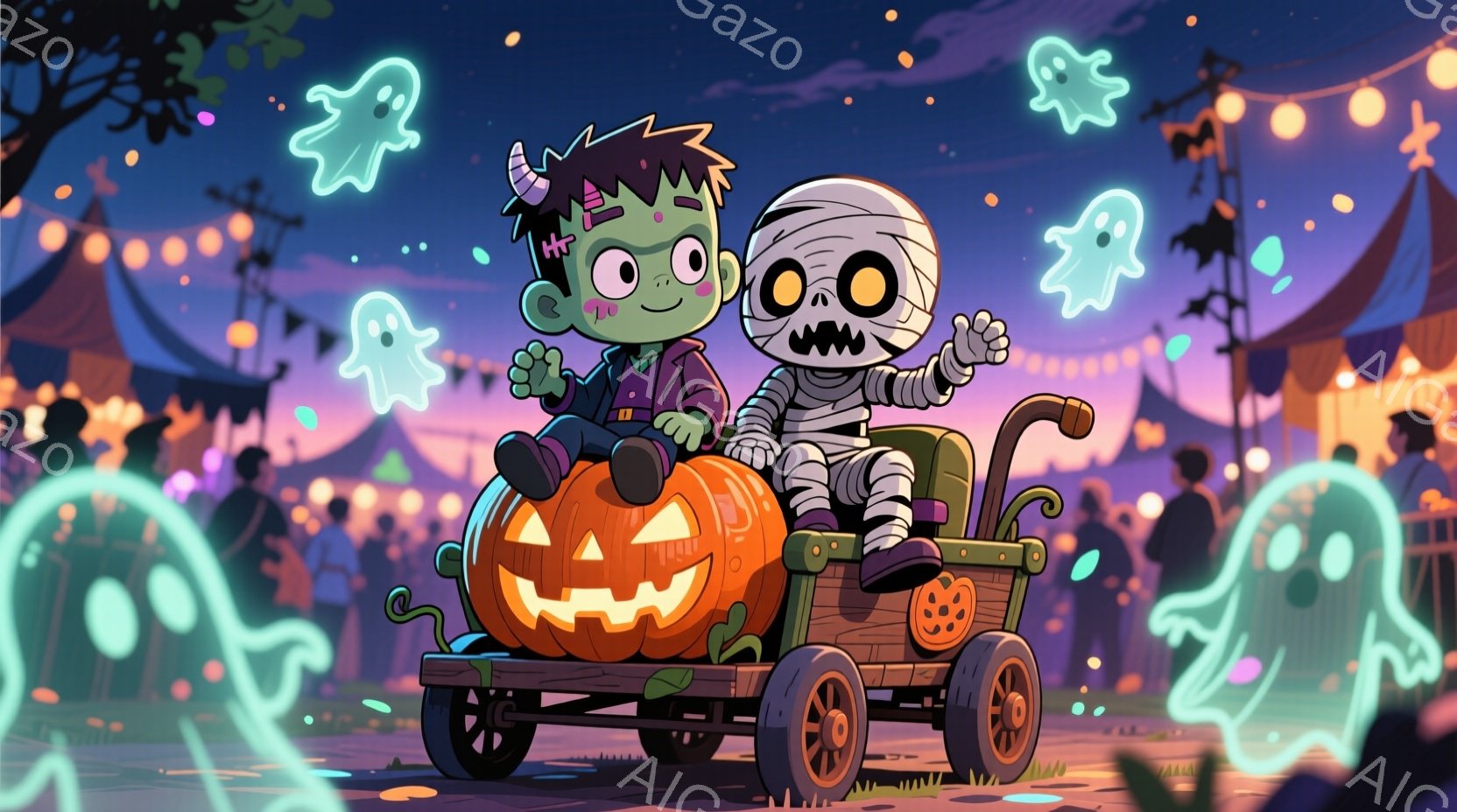 かぼちゃをモチーフにしたカートに乗ったフランケンシュタインとミイラの子供たちが描かれています。フランケンシュタインは緑色の肌に黒髪、ミイラは包帯で覆われ、それぞれ陽気な表情をしています。背景には多くの人々、カラフルな屋台、そしてハロウィンらしい幽霊が浮かび、お祭り騒ぎの賑やかな雰囲気が感じられます。