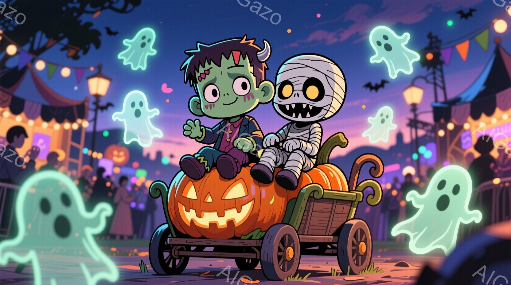不気味なハロウィーンの夜、フランケンシュタインの怪物とミイラの男の子が、大きなジャック・オー・ランタンの車輪が付いたカートに乗って楽しそうに移動している。背景には、ハロウィーンの飾り付けがされた建物や、空中に浮かぶお化けやコウモリが描かれており、夜空は紫色とオレンジ色に染まっている。全体的に、明るく、お祭り騒ぎのような、楽しいハロウィーンの雰囲気である。
