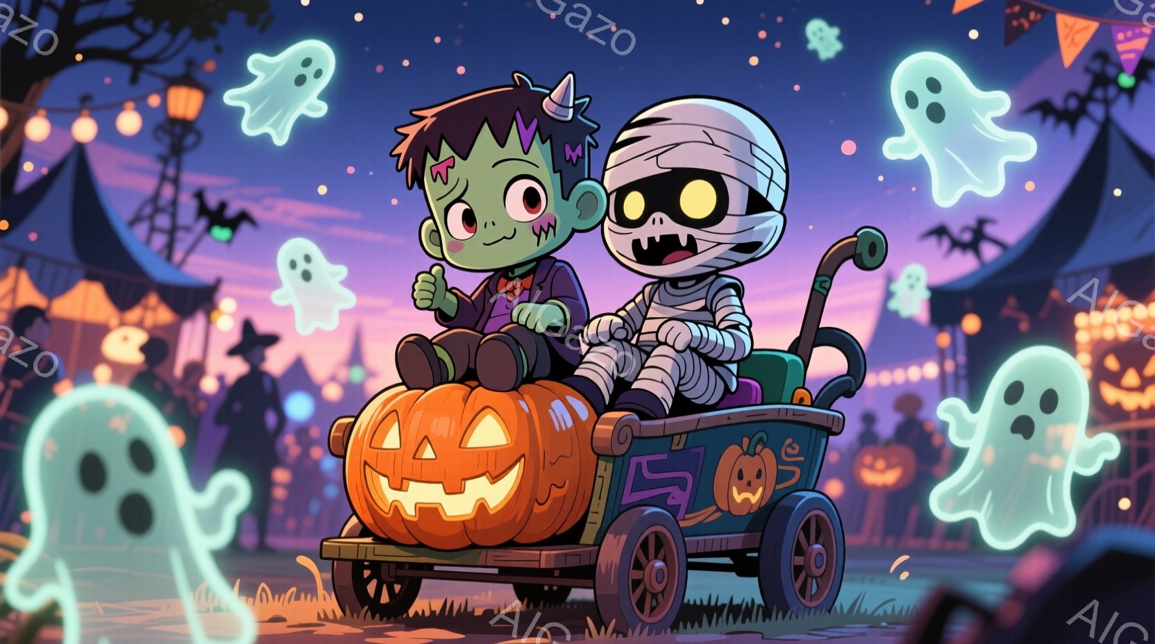 ハロウィーンの夜、かぼちゃの車に乗ったフランケンシュタインとミイラの男の子が描かれています。フランケンシュタインの男の子は緑色の肌で、紫色のヘアバンドと黒い服を着ています。背景には、お化け屋敷や遊園地のような建物が見え、たくさんの幽霊が浮かんでおり、夜空は暗く、楽しげなハロウィーンの雰囲気です。