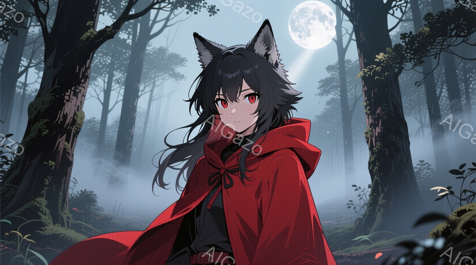 深い森の中に立つ少女は、鮮やかな赤いフード付きマントを羽織り、黒髪をなびかせている。彼女は鋭い眼差しで前方を見据え、少し憂いを帯びた表情をしている。背景には高い木々と霧、そして月明かりが差し込み、神秘的で静謐な雰囲気を醸し出している。