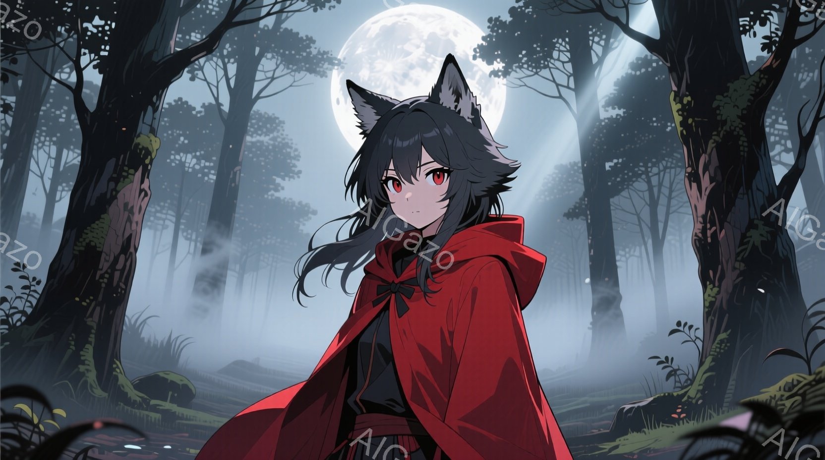 深い森の中に立つ少女は、黒髪に赤いフード付きマントを羽織り、鋭い眼差しでこちらを見ている。彼女は少しうつむき、片手を前に出し、冷たく湿った森の雰囲気を際立たせている。背景には月が輝き、暗い森の木々がシルエットとして浮かび上がり、神秘的で少し不気味な雰囲気を醸し出している。
