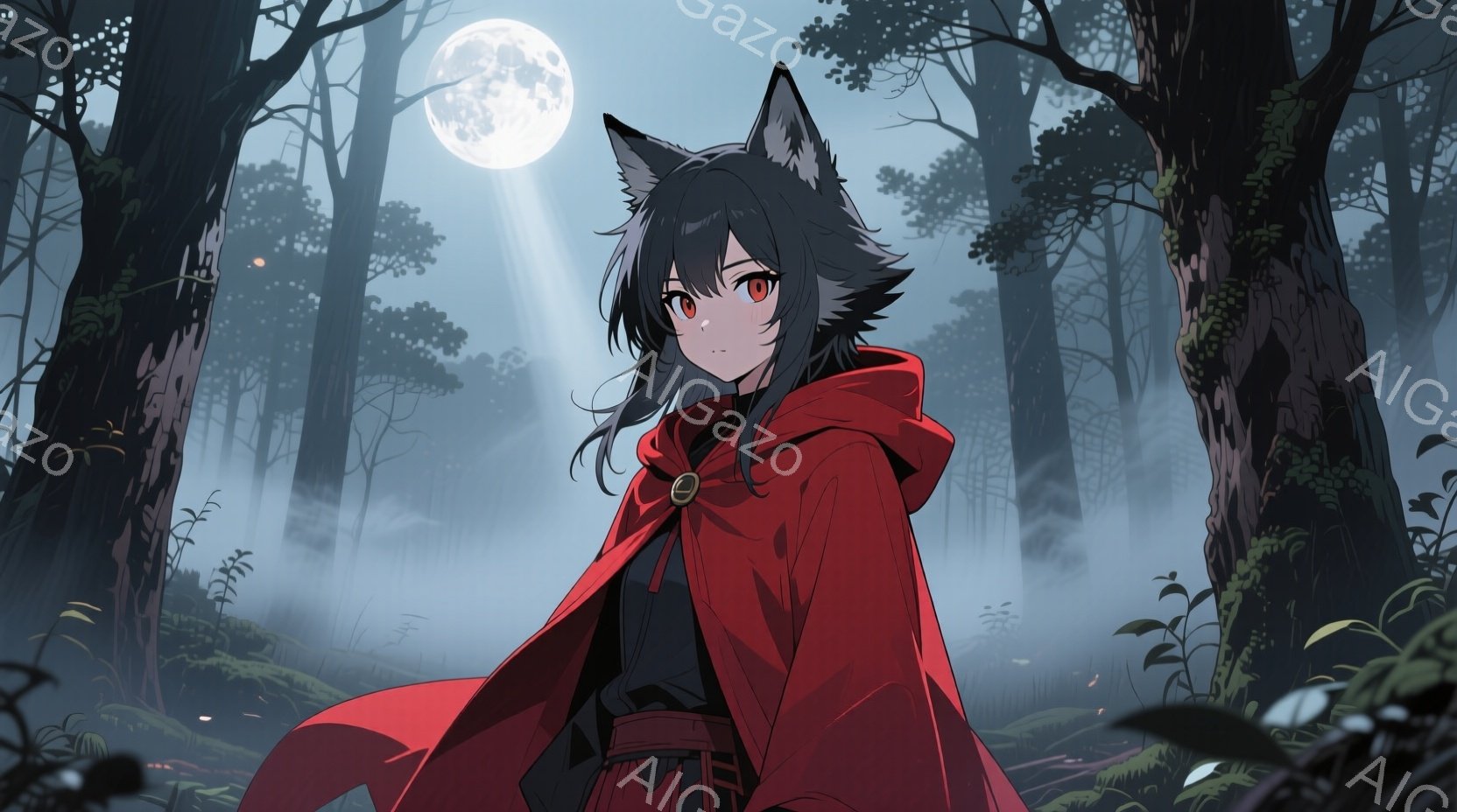 深い森の中に立つ少女は、赤いフード付きの外套を羽織り、黒い髪を長く伸ばしている。彼女はわずかに眉をひそめ、鋭い眼差しで何かを見つめているようだ。背景には鬱蒼とした木々が立ち並び、月明かりが差し込み、幻想的で少し不気味な雰囲気を醸し出している。