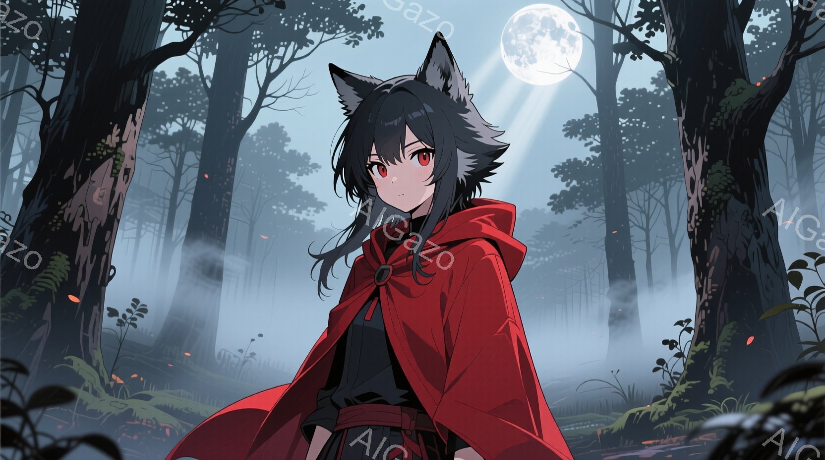 深い森の中で、赤いフードを被った少女が描かれている。彼女は黒い服を着ており、耳は猫のように尖っている。背景には霧のかかった木々と、ぼんやりと光る満月が見え、神秘的で少し寂しげな雰囲気を醸し出している。