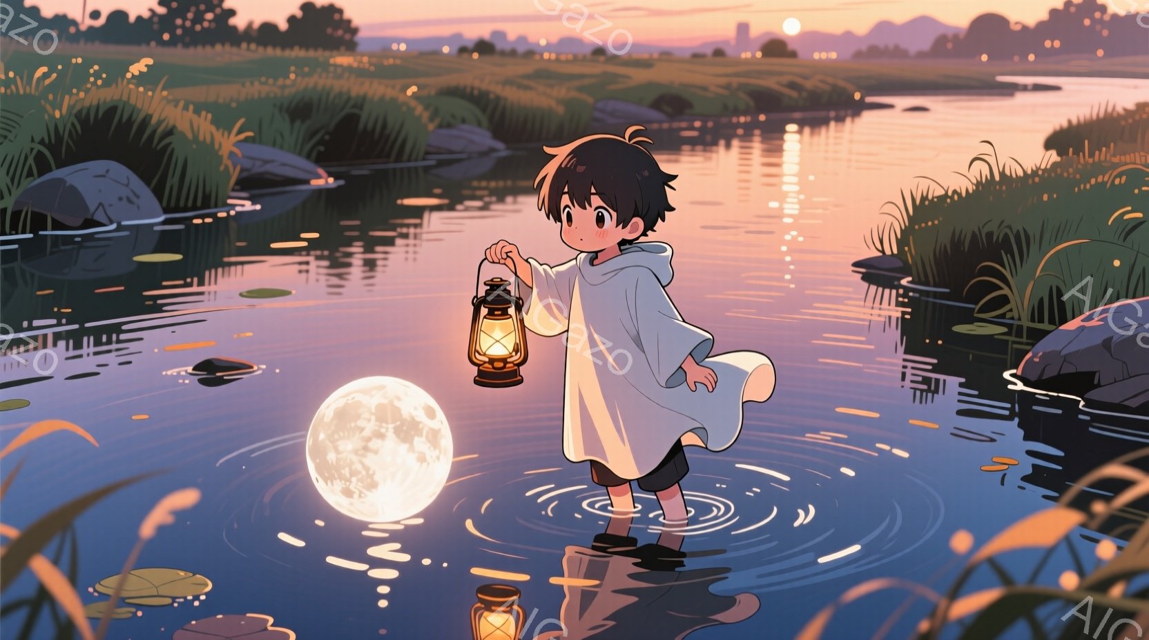 男の子は水の中に立っており、手に提灯を持っています。彼は白いマントのような服を着ており、黒い短い髪をしています。背景には、水面に反射する月、草が生い茂る岸辺、そして夕焼け空が広がっており、幻想的で静かな雰囲気を醸し出しています。