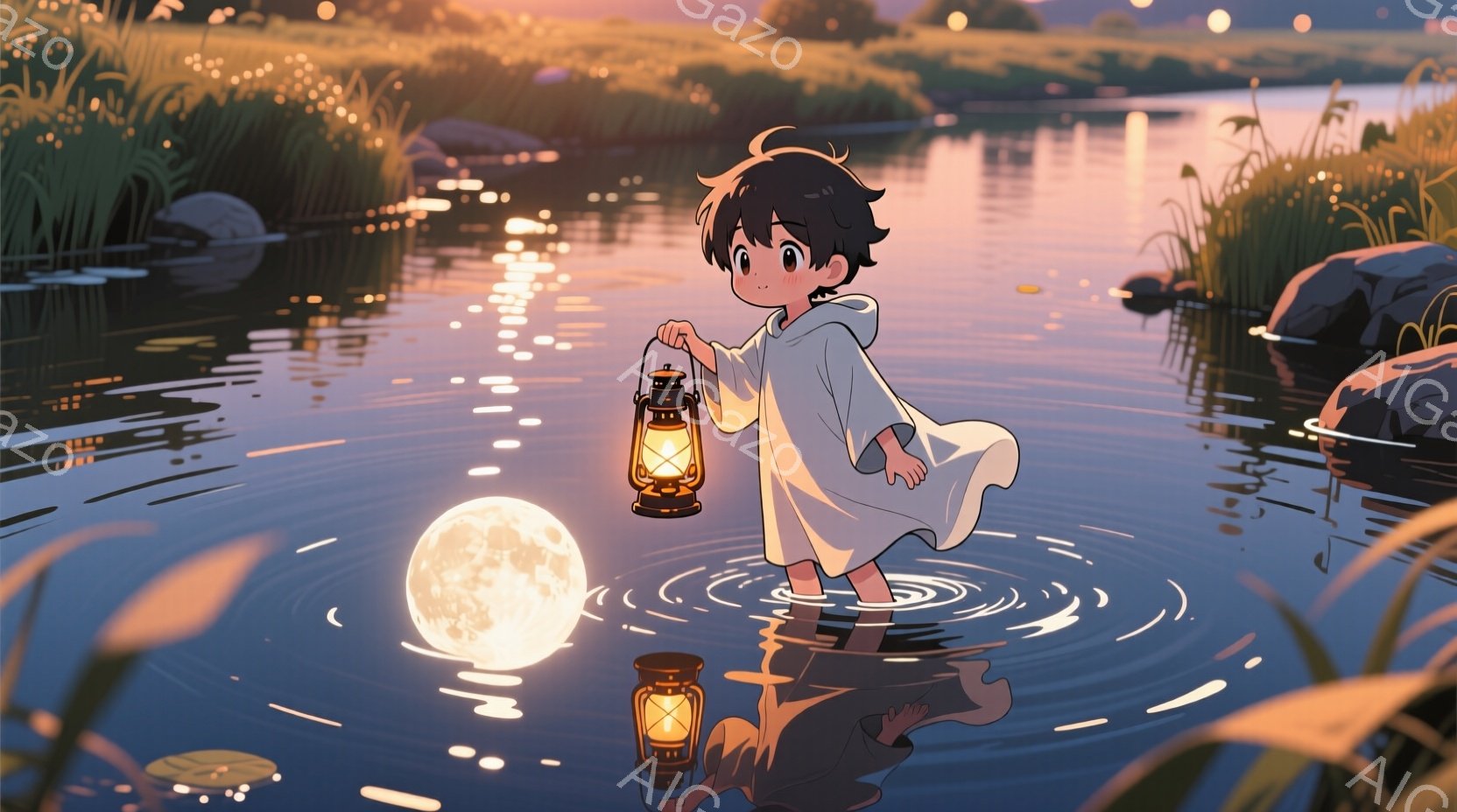 若い少年が水面を歩いているように見え、手に提灯を持っています。少年は白いフード付きの服を着ており、黒い髪は少しカールしています。背景には穏やかな水面、緑豊かな草が生えた岸辺、そして満月が浮かび、幻想的で静寂な雰囲気を醸し出しています。