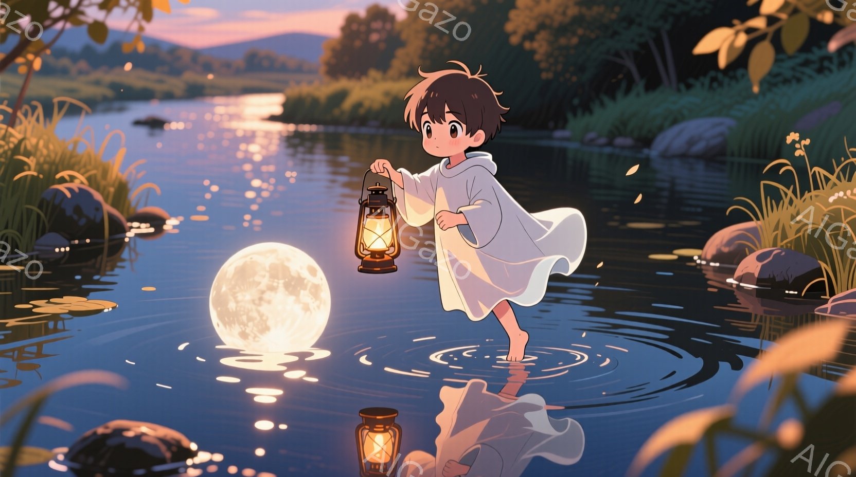 小さな少年が水面を歩いているように見える幻想的な光景だ。少年は白い長い服を着ており、短く茶色の髪をしている。足元には月が反射し、周囲の植物や水面に光の筋が輝き、穏やかで神秘的な雰囲気を醸し出している。 - AI生成フリー素材