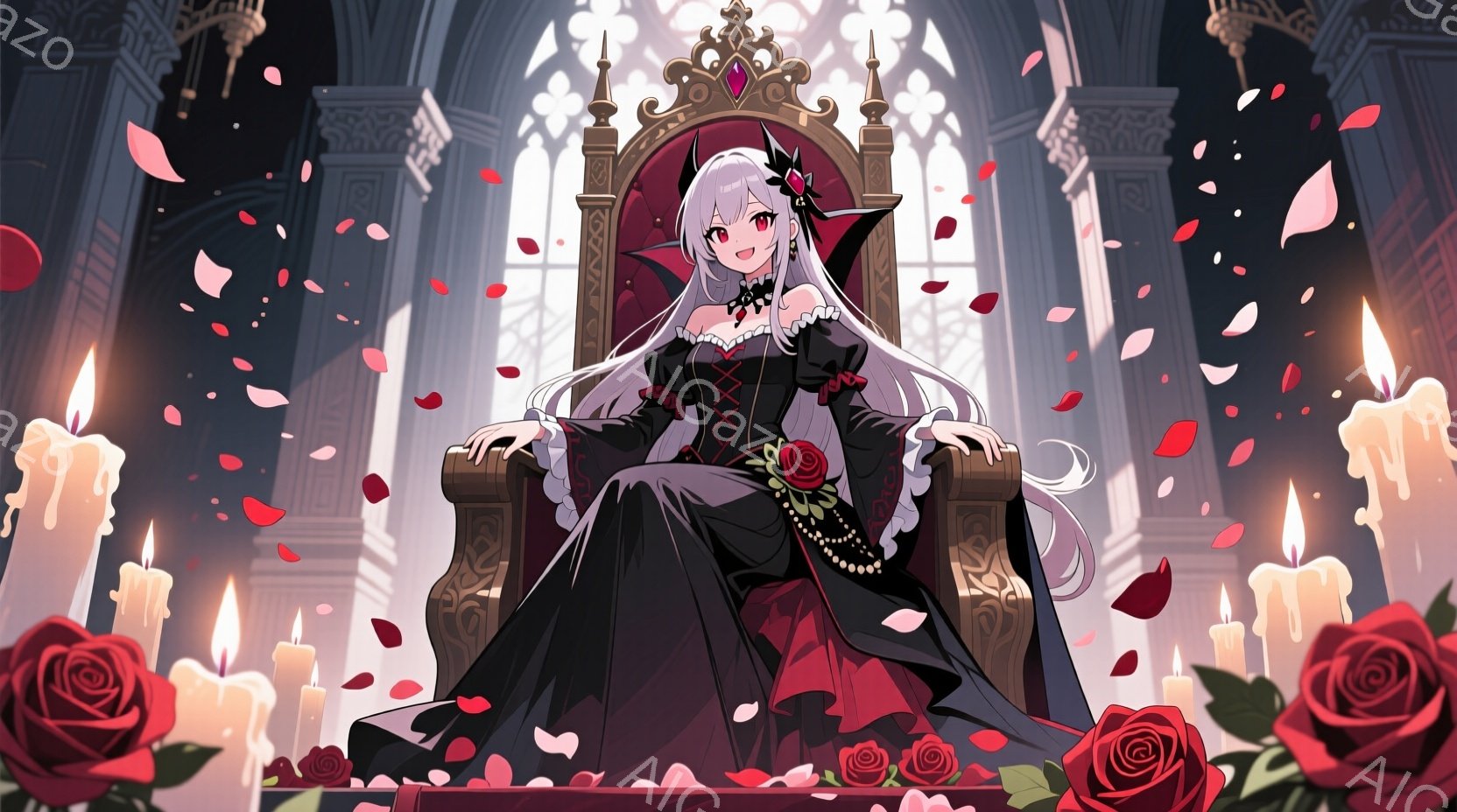 黒い豪華なドレスを着た女性が、赤いベルベットの椅子に優雅に座っています。彼女は長い銀髪を後ろでまとめ、黒いリボンとバラの髪飾りをつけており、表情は自信に満ちて少し微笑んでいます。背景にはステンドグラスの窓、たくさんの蝋燭、そしてバラの花びらが舞い散っており、荘厳でロマンチックな雰囲気を醸し出しています。