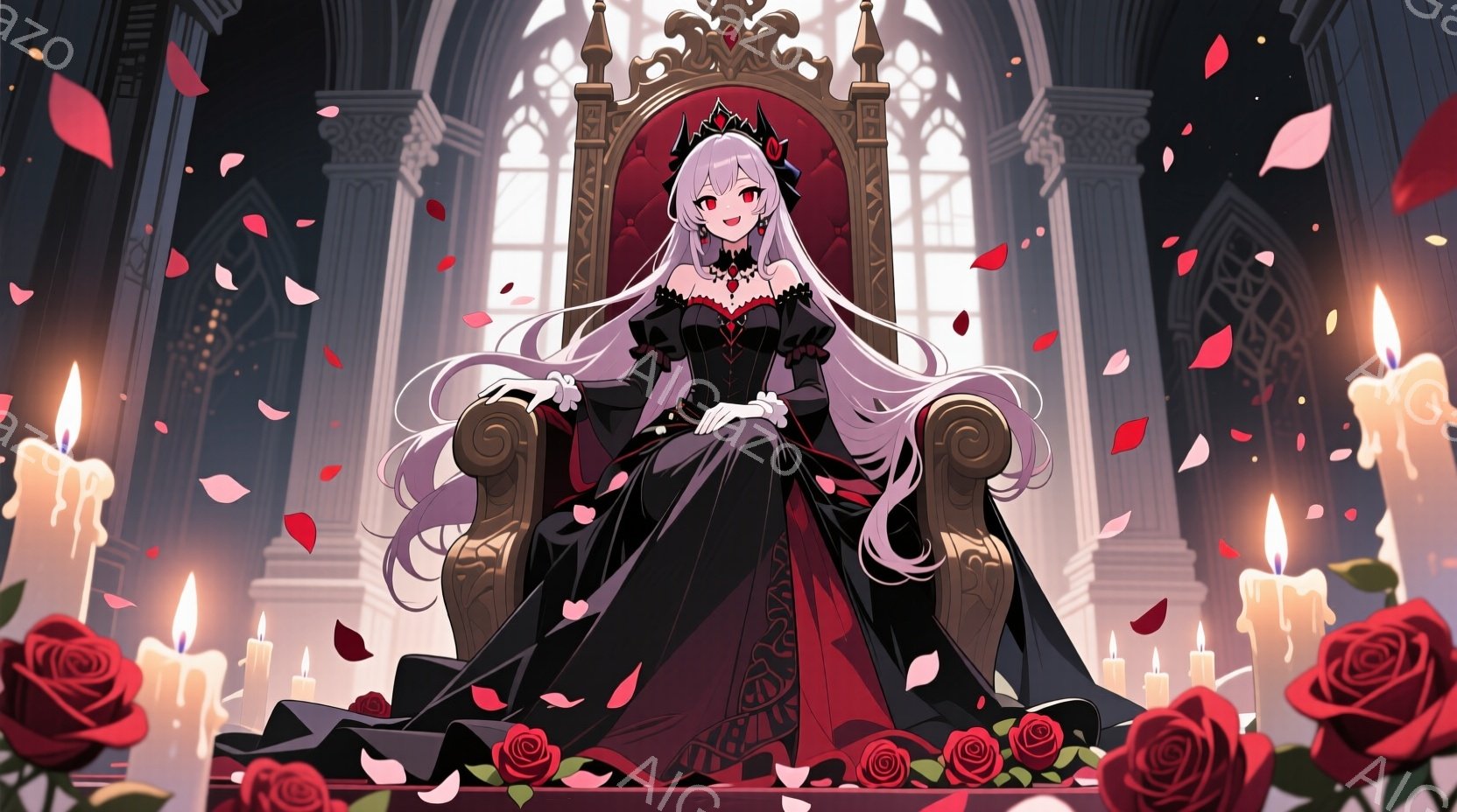 白い髪と赤い瞳を持つ女性が、豪華な黒いドレスを着て玉座に座っています。ドレスは黒を基調とし、赤い裾が印象的で、首には繊細なチョーカーが飾られています。玉座の周囲には赤いバラとロウソクが置かれ、荘厳でありながらもどこか寂しげな雰囲気を醸し出しています。