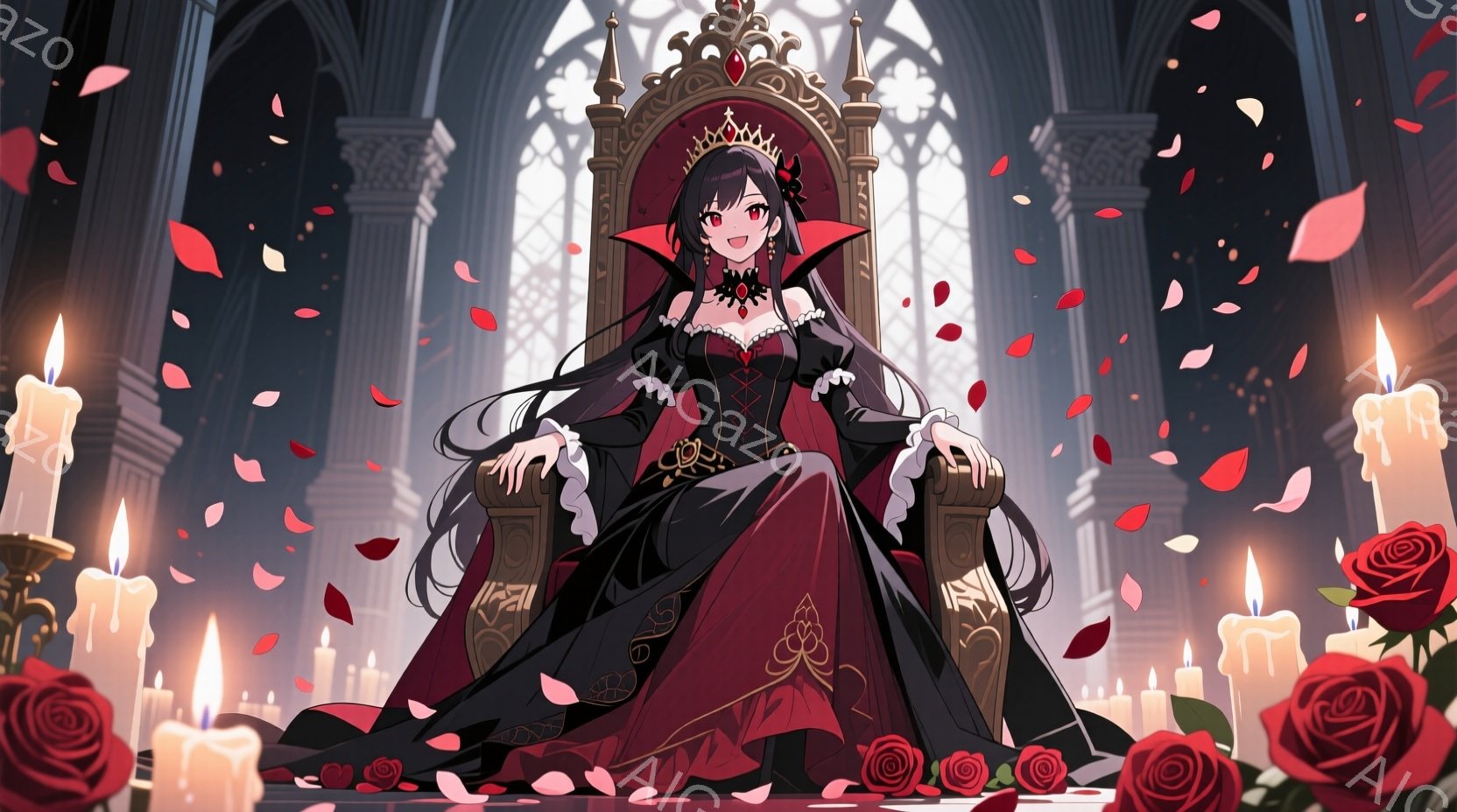 深紅と黒の豪華なドレスを身につけた女性が、装飾的な椅子に優雅に座っている。彼女は長い黒髪に赤いリボンを飾り、自信に満ちた微笑みを浮かべている。背景には石造りの建物、散りばめられたバラ、そして灯された蝋燭が配置され、荘厳でミステリアスな雰囲気を醸し出している。