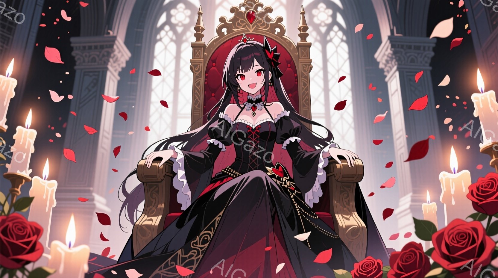 黒髪の少女が豪華な椅子に座り、黒と白のゴシック調のドレスを身に着けている。彼女は自信に満ちた表情で、赤い宝石が飾られた頭飾りを付けている。背景にはステンドグラスの窓があり、周囲には燃える蝋燭とバラの花びらが舞い散り、荘厳で幻想的な雰囲気を醸し出している。