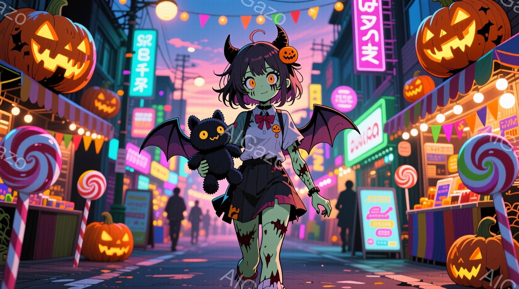 ハロウィーンの装飾が施された夜の商店街に立つゾンビ風の少女を描いています。彼女は緑色の肌、紫色の髪に黒い角を生やし、赤い瞳で何かを見つめています。彼女は黒いリボンと白いシャツにピンクのスカート、破れたニーハイソックスを着用し、抱きしめている黒いコウモリのぬいぐるみを持っています。