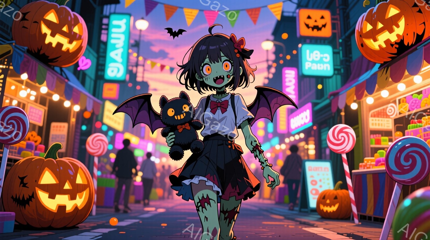 ハロウィーンの夜に賑わう通りを背景に、ゾンビ風の女の子が描かれています。彼女は、緑色の肌と暗い目の隈を持ち、黒いリボンとフリルが特徴の白いブラウスと、赤いプリーツスカート、黒い靴を身に着けています。彼女は左手に黒い猫のぬいぐるみを抱え、少し困ったような表情でこちらを見ています。